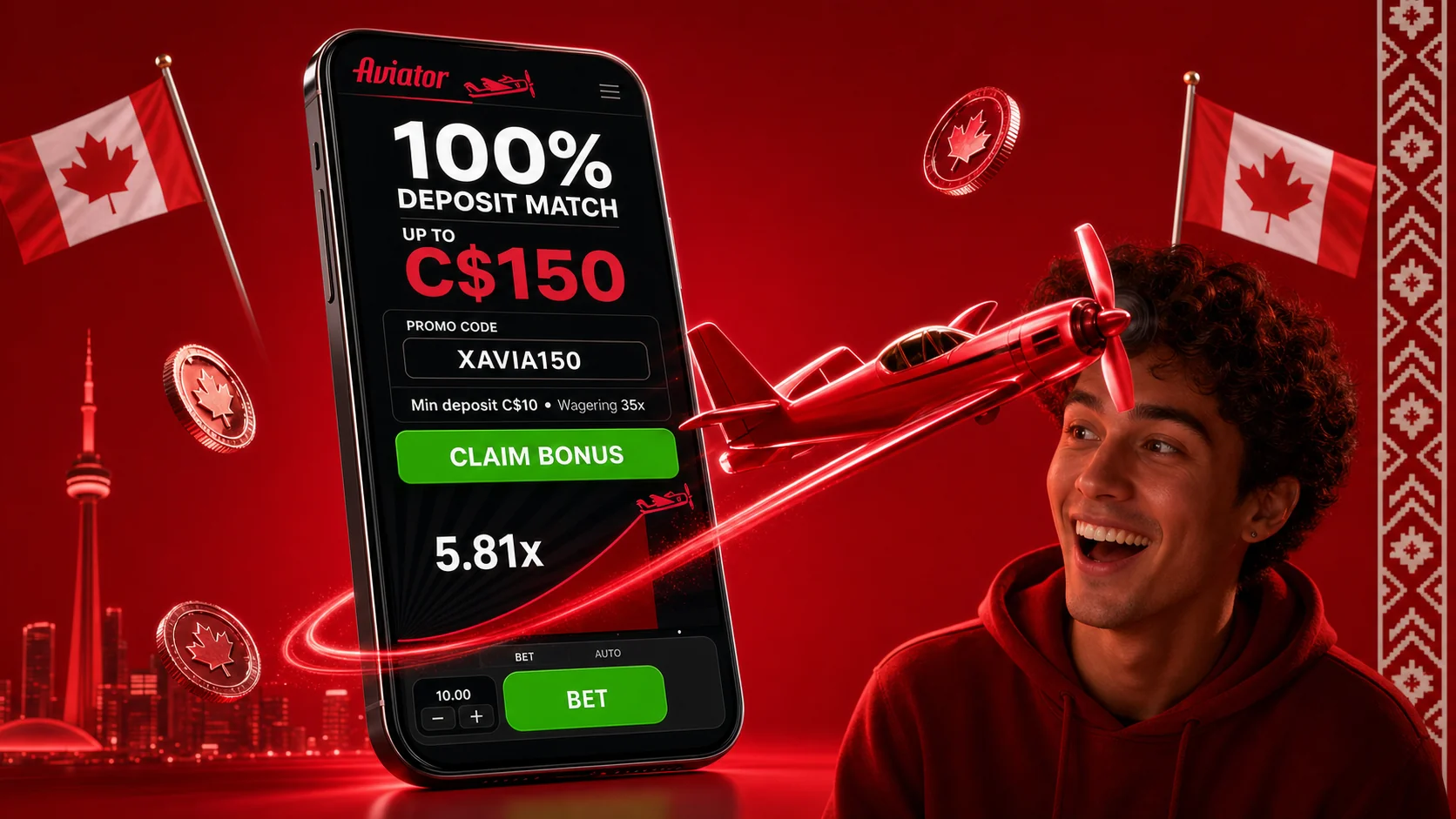 Casino cashier bonus claim screen showing a 100% deposit match, promo code field with a code entered, and the wagering terms summary below