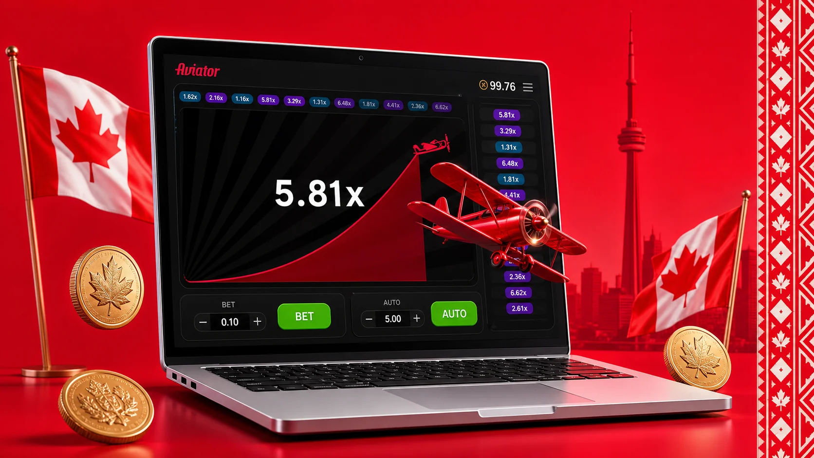 Aviator demo mode with auto-cashout set to 1.5x, round history strip showing a 50-round variance sample