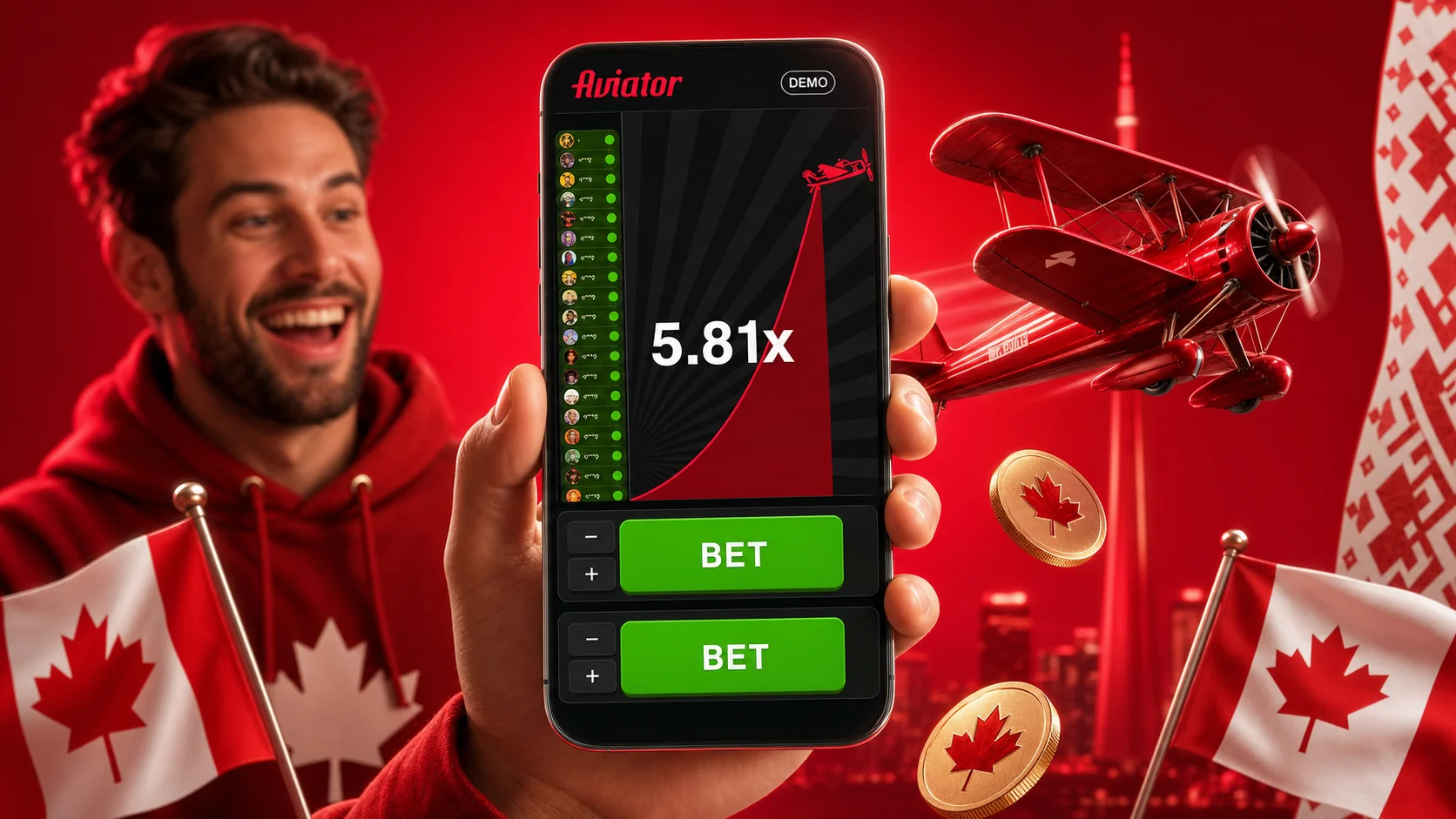 Aviator demo interface showing virtual credit balance, live bets sidebar, and the multiplier curve climbing in real time