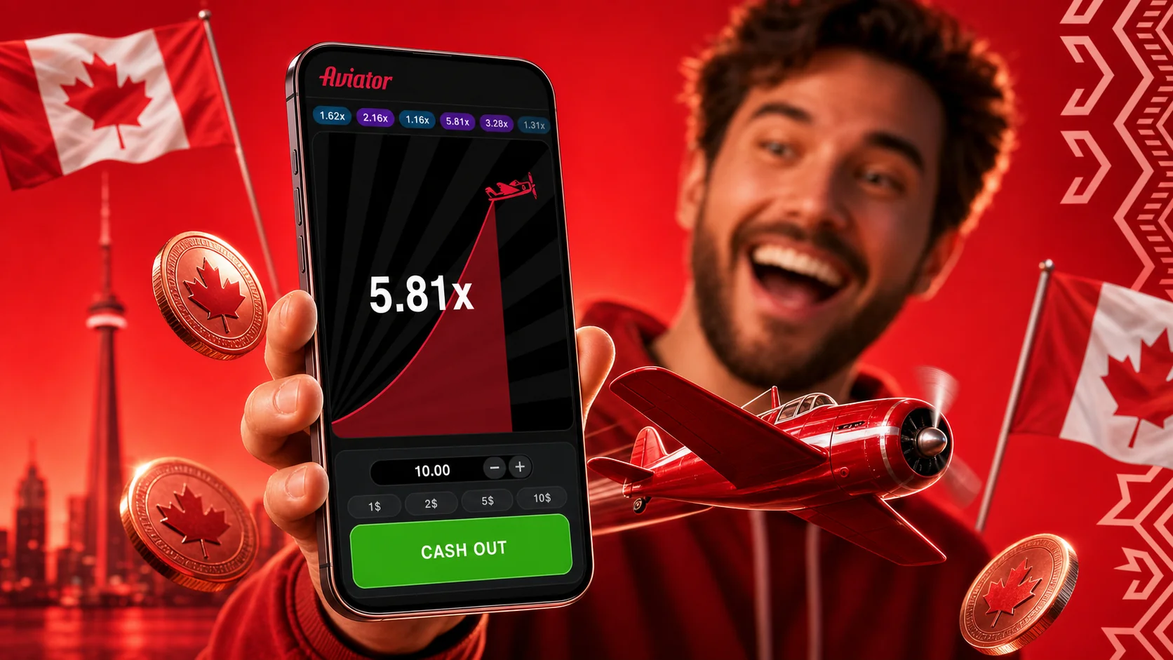 Aviator game interface showing the red multiplier curve mid-flight, the dual bet panel, and the live bets sidebar