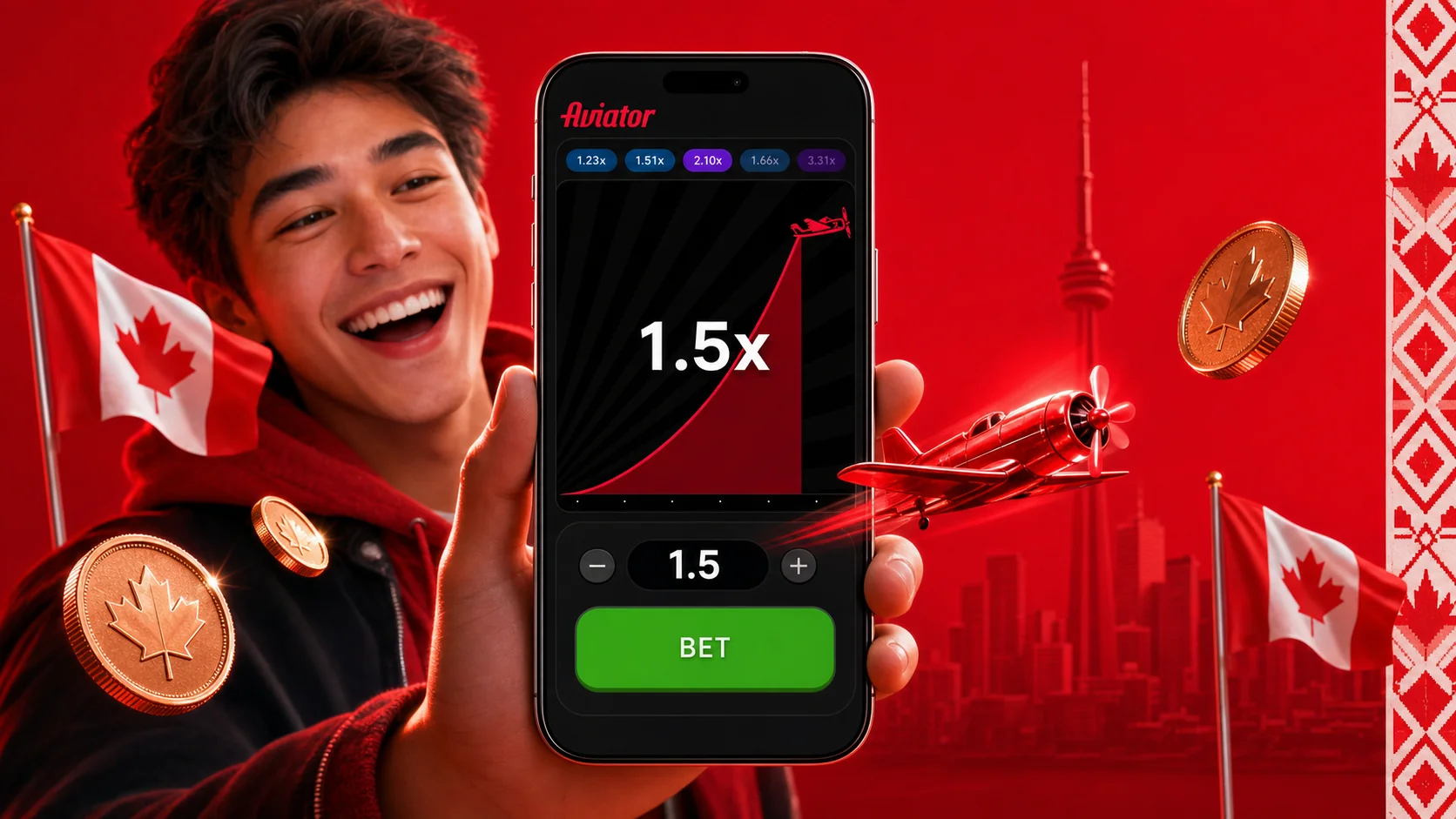 Aviator bet panel showing conservative 1.5x auto-cashout setting alongside round history